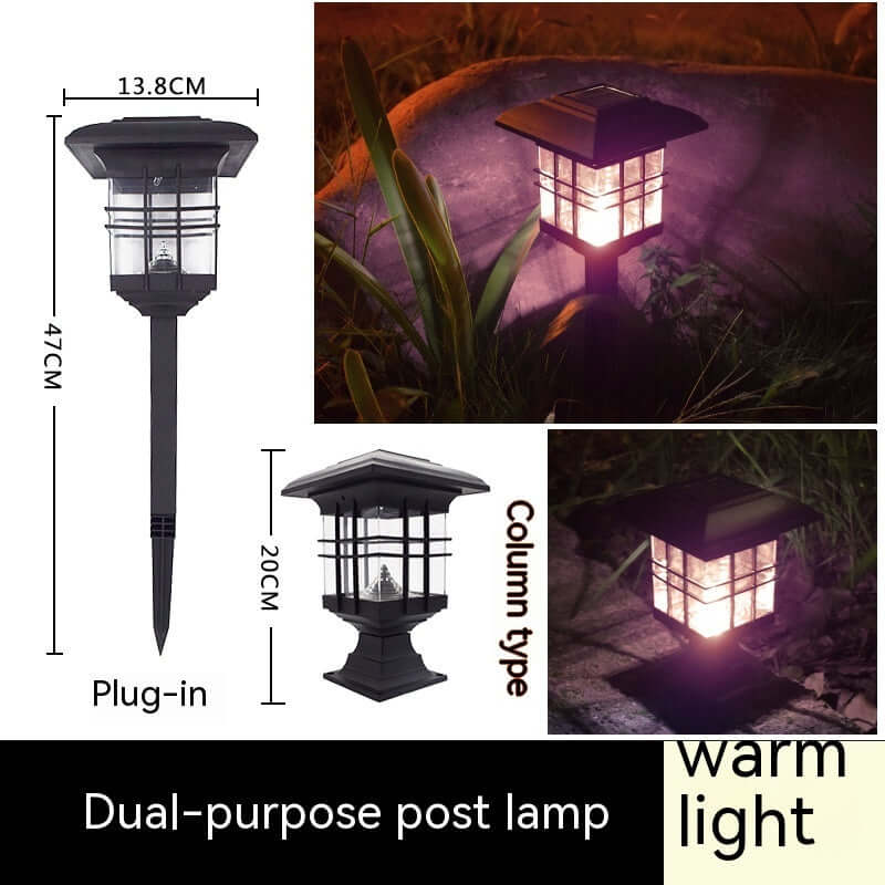 Dual-purpose post lamp with warm light, showcasing plug-in design in garden settings, height and dimensions displayed.