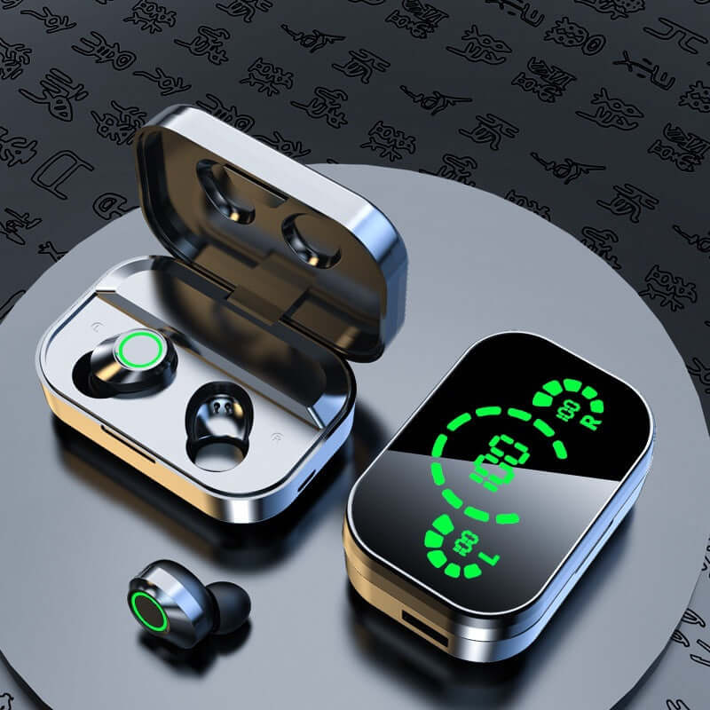 YD03 Wireless Bluetooth Headset with LED display, showing battery life and sleek design, perfect for calls and music.