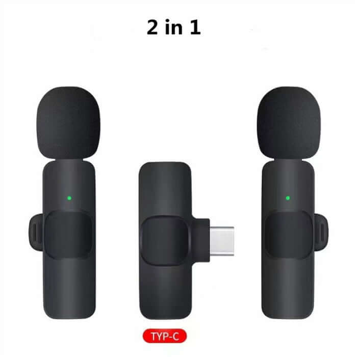 Wireless lavalier microphone set showcasing 2-in-1 design with USB-C connector and compact form for easy audio recording.