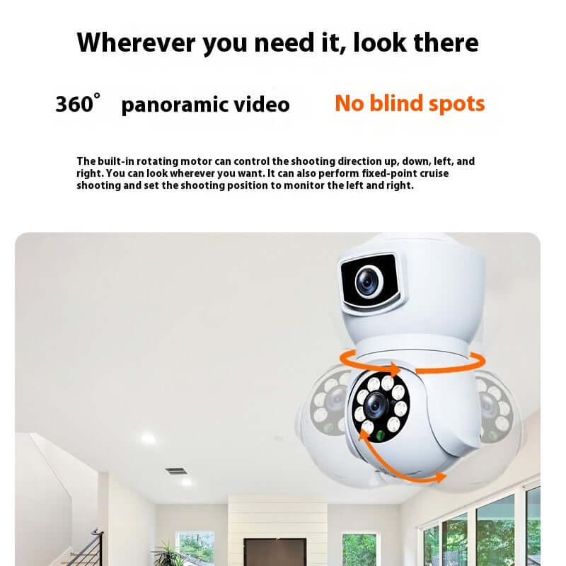 360-degree panoramic surveillance camera with a rotating motor for full coverage in any indoor setting.