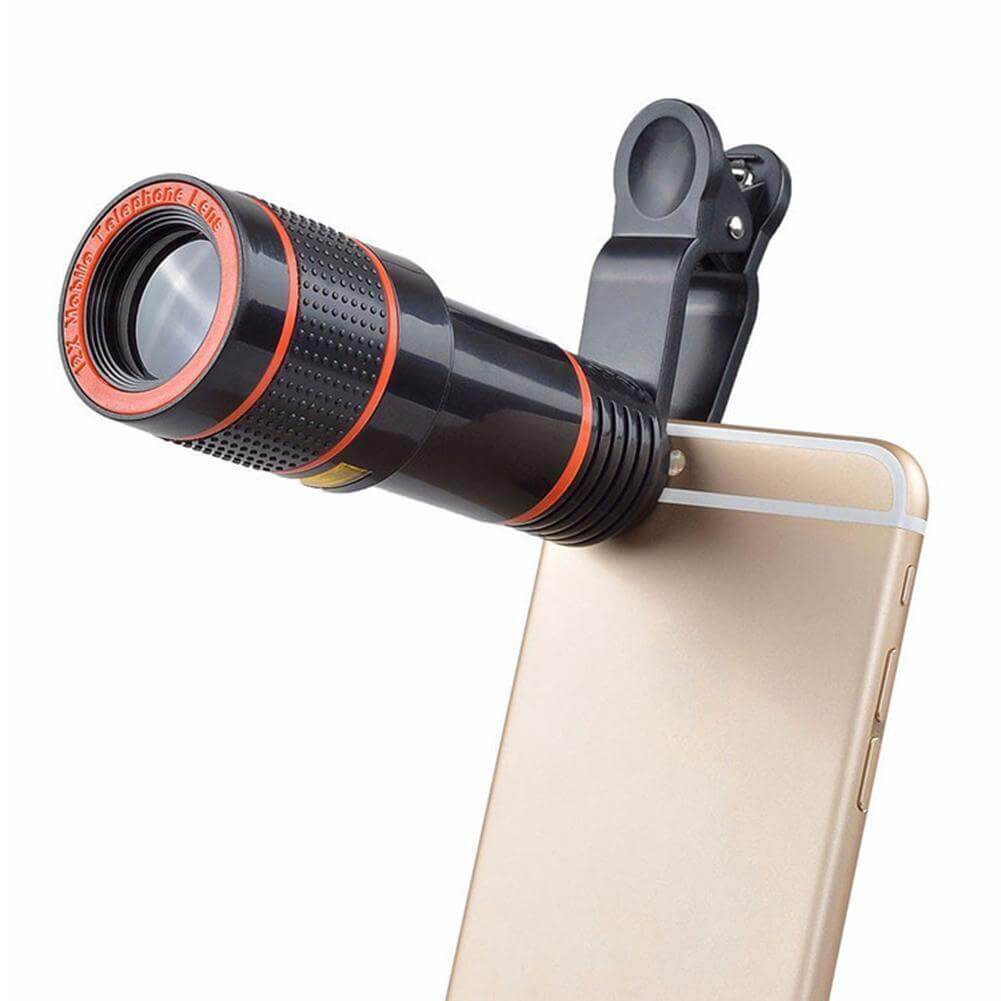 HD 8X clip-on optical zoom telescope lens attached to a smartphone for enhanced photography.