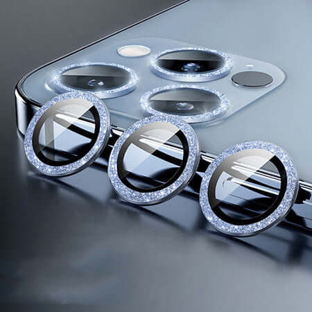 Stylish integrated steel ring mobile phone lens films in diamond silver and black colors with sparkling borders.