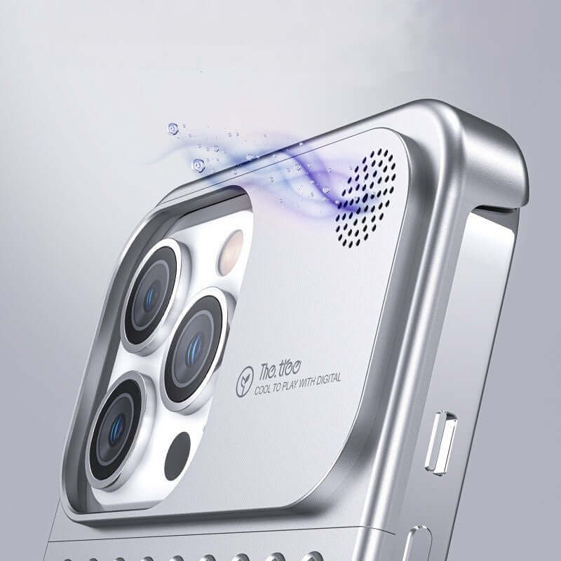 Aluminum alloy phone case with heat dissipation features and camera openings, designed for modern smartphones.