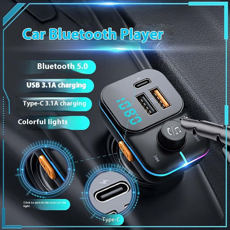 Car Bluetooth MP3 player charger with USB and Type-C 3.1A charging, featuring Bluetooth 5.0 and colorful lights.