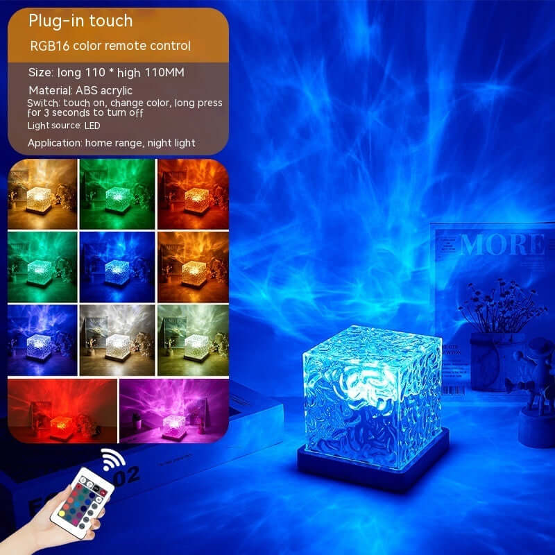 LED water ripple lamp with RGB colors, remote control, creating a soothing ambiance in a home setting.