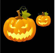 Two illuminated Halloween pumpkins with spooky faces on a black background, perfect for festive décor.