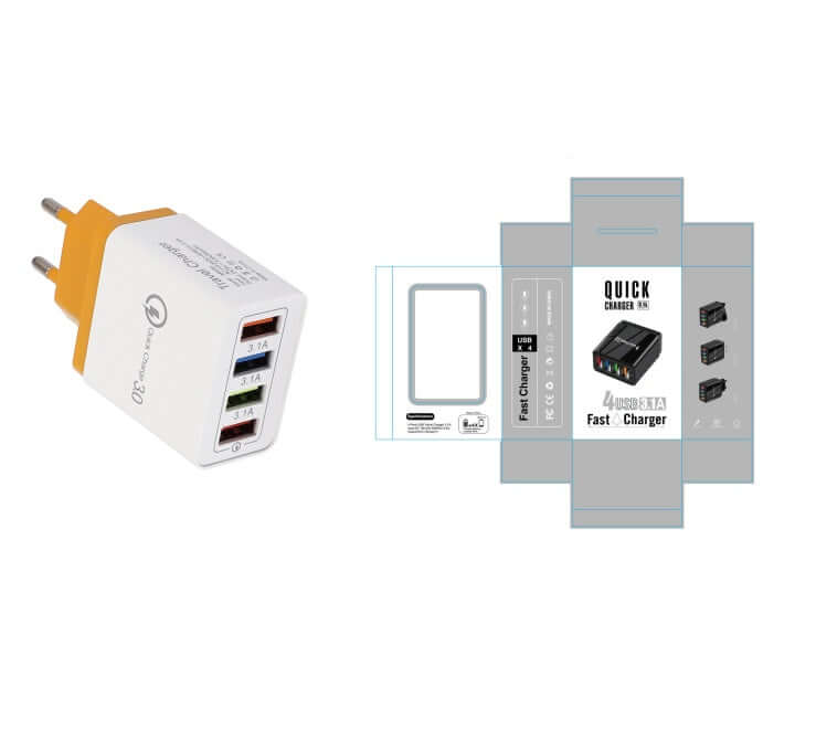 USB charger Quick Charge 3.0 with 4 ports and packaging, ideal for fast charging multiple devices simultaneously.