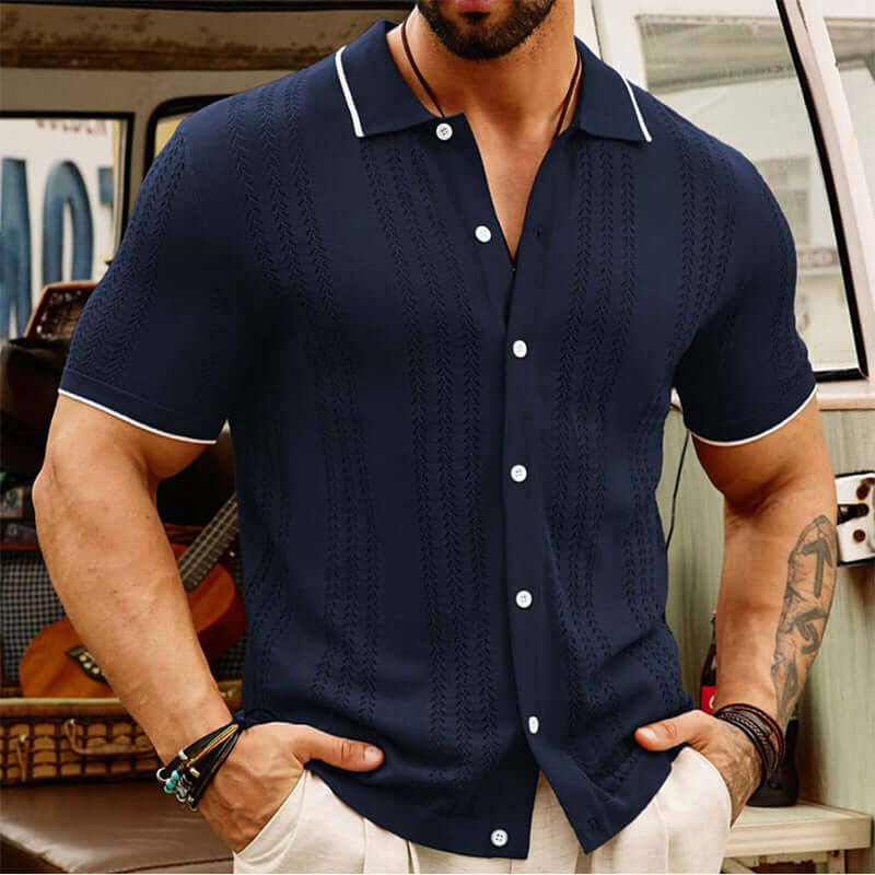 Men's summer short-sleeved polo shirt in navy blue with button lapel, comfortable Tencel fabric, perfect for leisure wear.