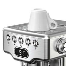 Geek Chef espresso machine control panel with digital display and white cup on top.