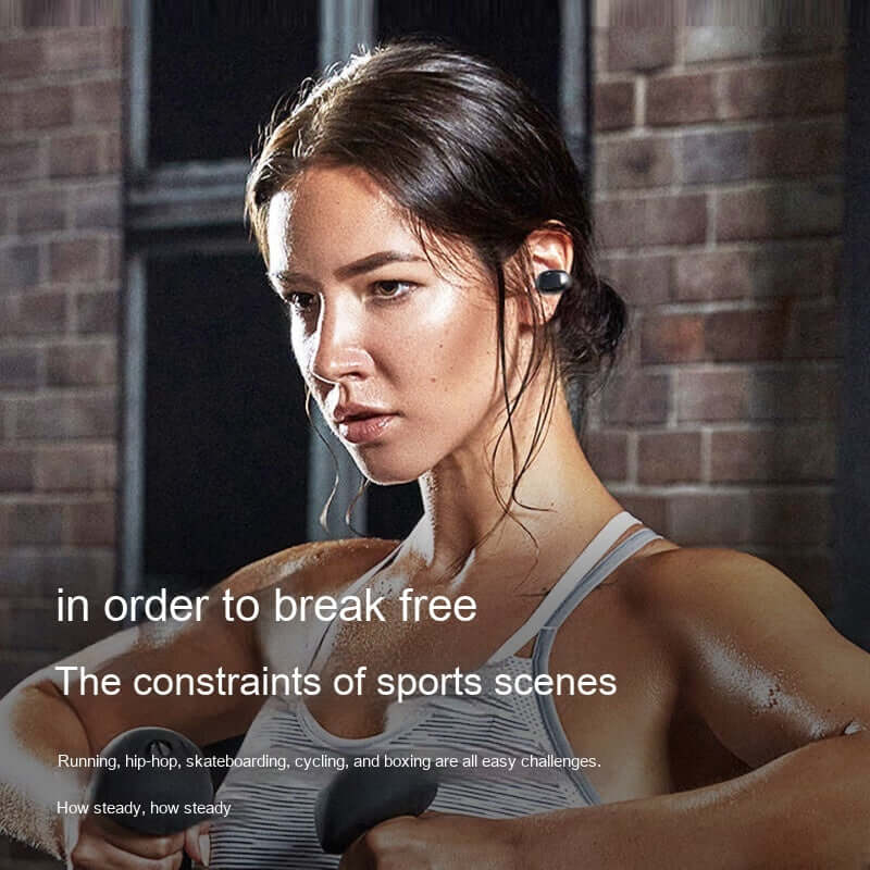 Woman wearing a Bluetooth headset while exercising, showcasing comfort and freedom in sports activities.