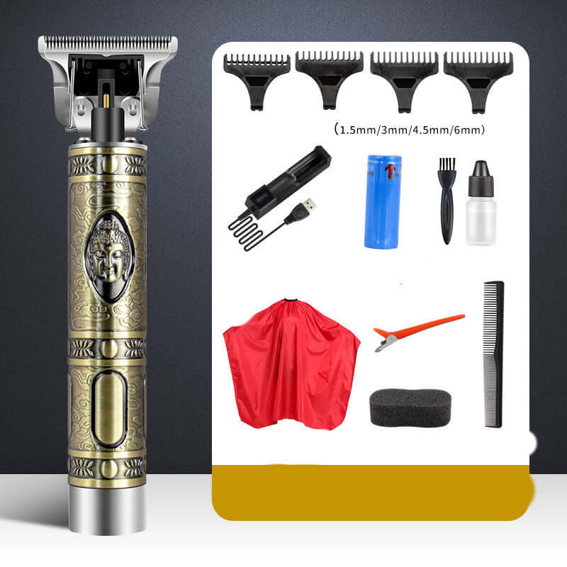 Professional electric hair clipper with Buddha head design and complete haircut tool set, including trimming attachments and accessories.