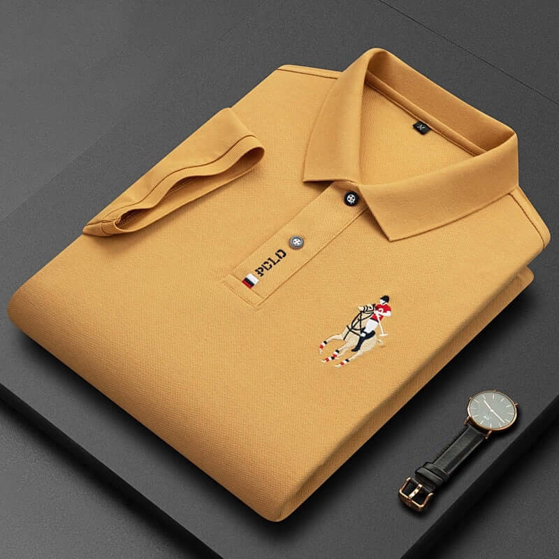 Summer Mercerized Cotton Men's short sleeve pullover top, solid color with embroidery design, displayed with a wristwatch.