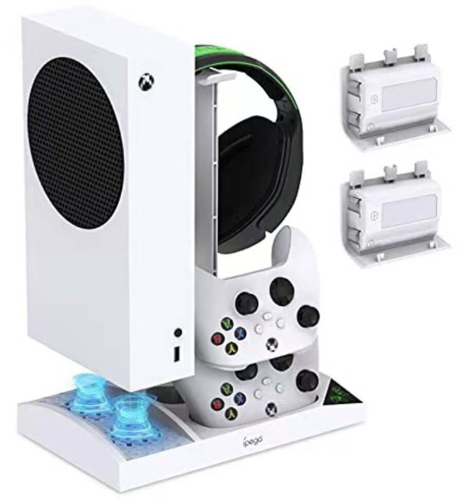 Xbox Series S cooling fan base with gamepad charger and earphone holder.