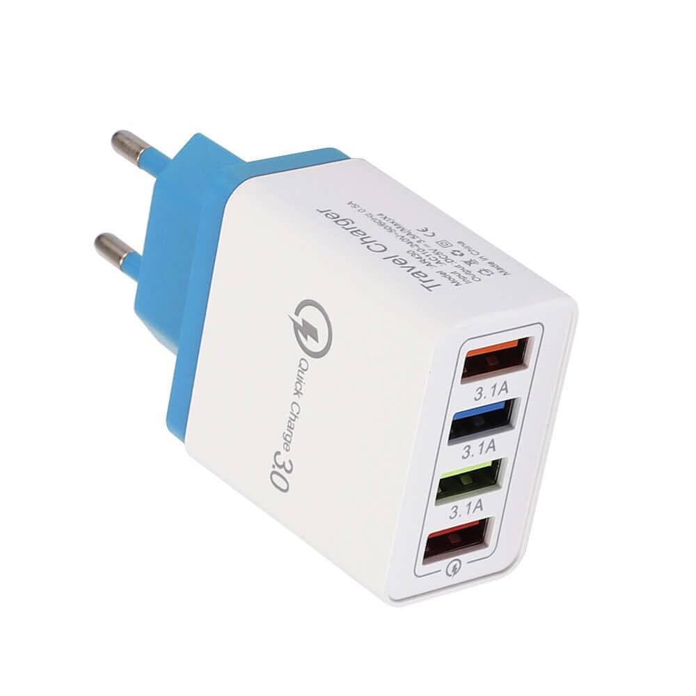 USB charger with 4 quick charge 3.0 ports in a compact design for fast device charging at home or on the go.