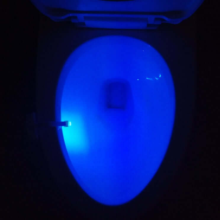 Toilet with blue LED night light, showcasing motion sensor technology for nighttime use.