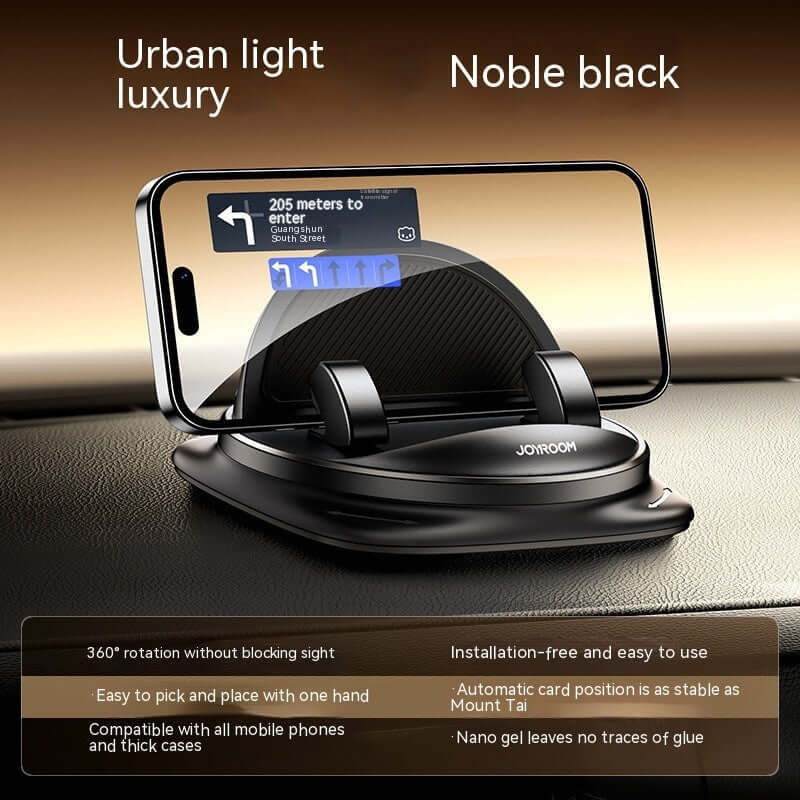 Universal car phone holder in black with navigation display, featuring 360° rotation and anti-slip design for easy use.
