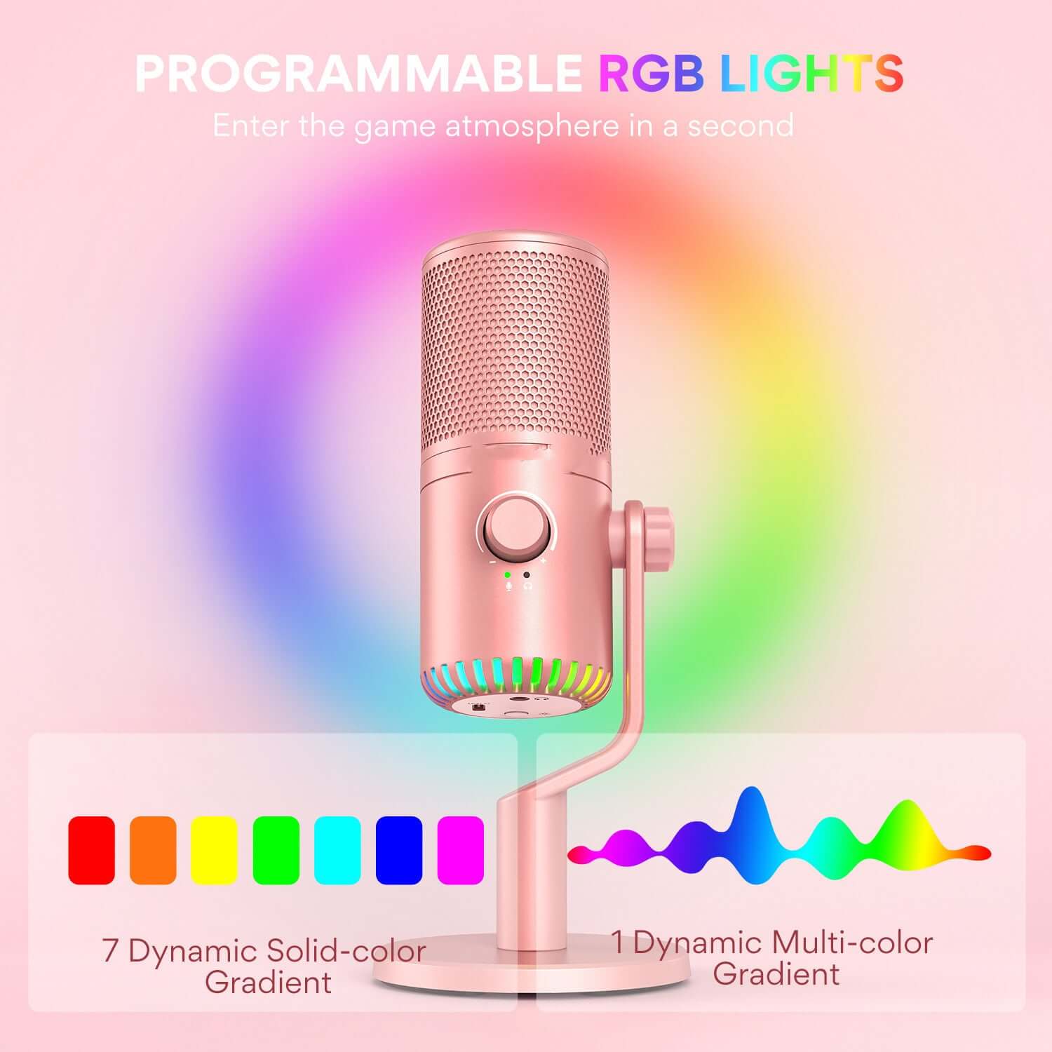 RGB microphone with programmable lights, enhancing gaming atmosphere and featuring dynamic color gradients.