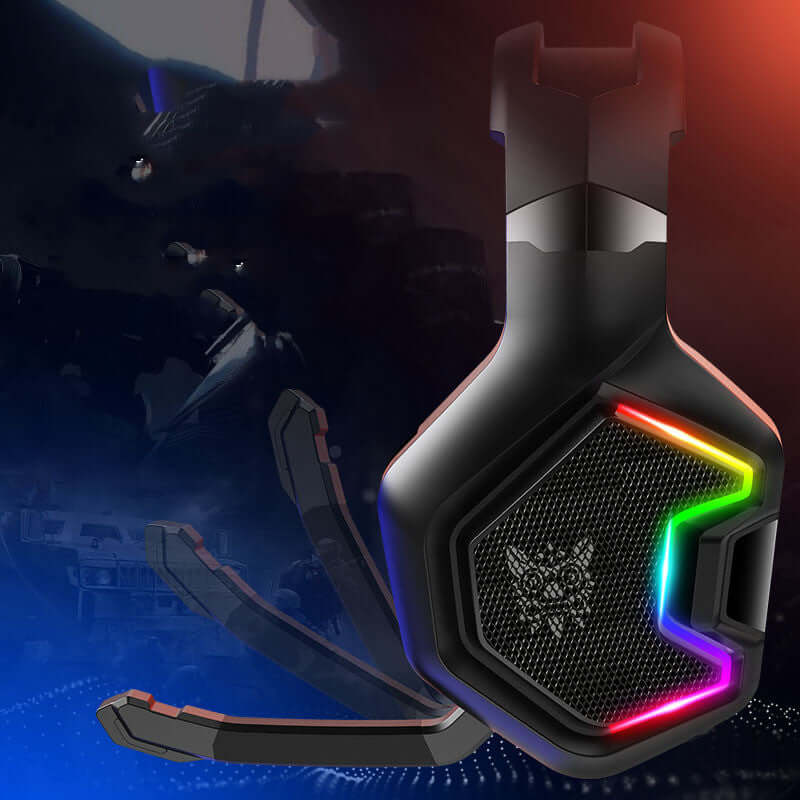 Stylish wired gaming headset with RGB lighting and adjustable microphone for immersive sound experience.