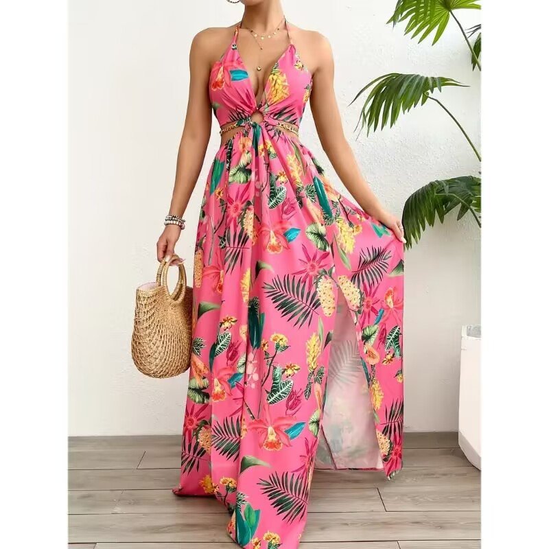 Elegant Womens Floral Print Halter V - neck Backless Side - Slit Dress Cut Out Waist Chain Sleeveless High Side Split Fit Flare Maxi Long Dresses - DBMP (Electronics And More Store)