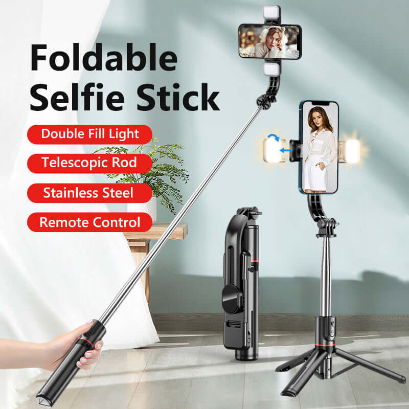 Foldable selfie stick with double fill light, telescopic rod, stainless steel, and remote control for smartphones.