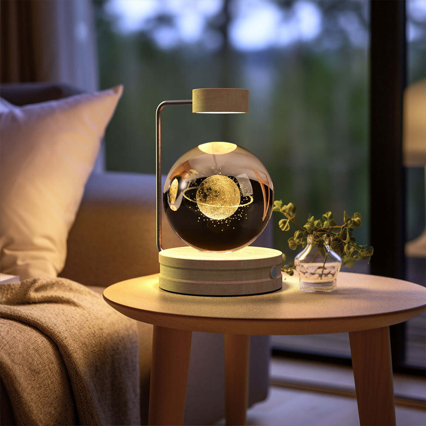 Crystal ball cosmic dinosaur night light on a table, creating a warm atmosphere in a cozy living room.