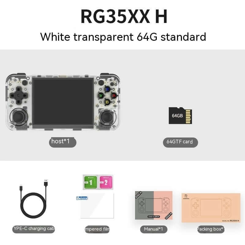 Handheld game machine RG35XX H, transparent design with 64GB TF card, charging cable, tempered film, and packaging.