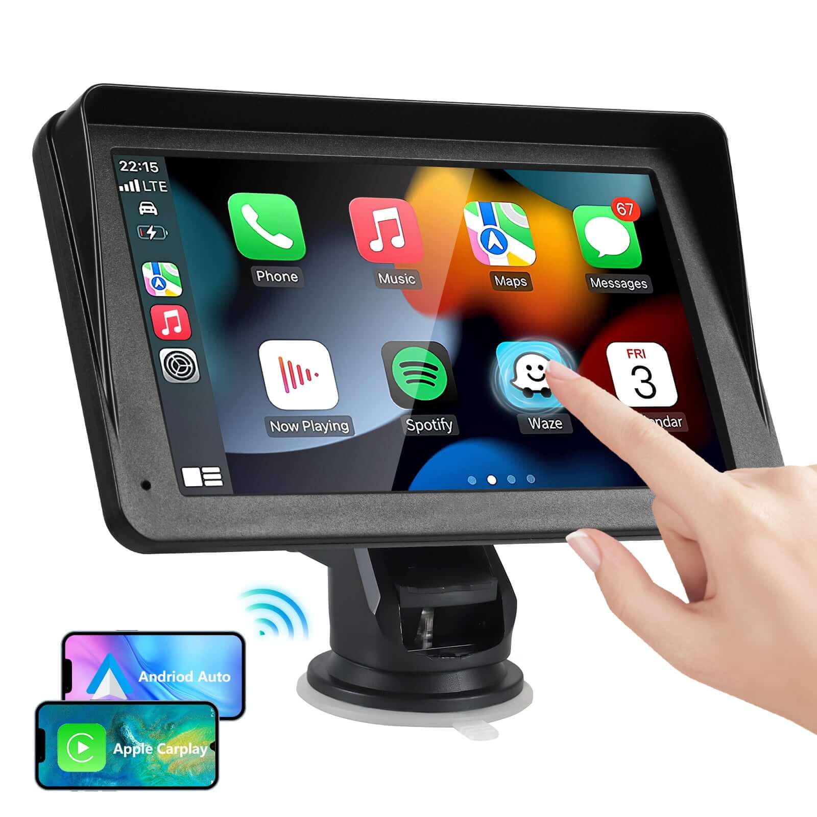 Car Navigation Monitor with touch screen, supporting Android Auto and Apple Carplay for easy access to apps and navigation.