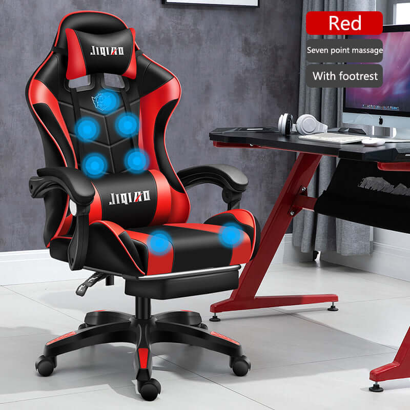 Men's ergonomic gaming chair in red with footrest and seven-point massage, perfect for home or office.