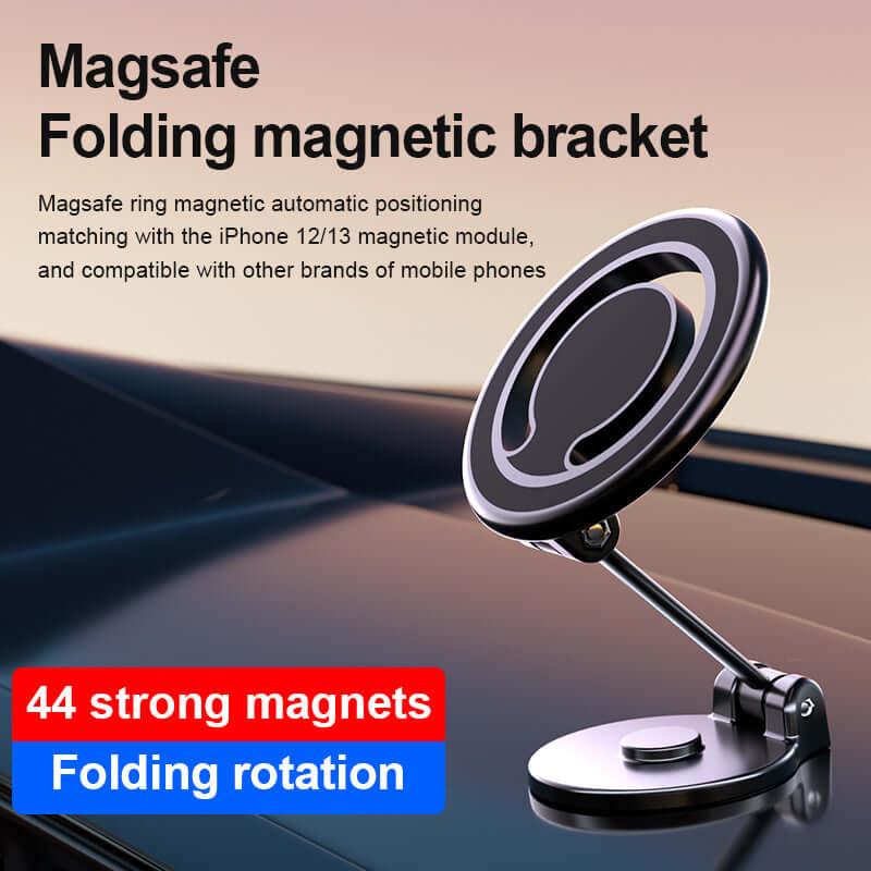 Magsafe folding magnetic bracket with 44 strong magnets for automatic phone positioning and rotation, compatible with iPhone and other devices.