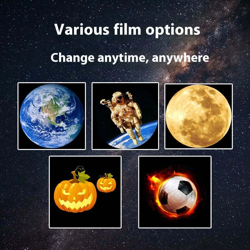 Various film options for projection lamps: Earth, astronaut, moon, pumpkin, and soccer ball designs.
