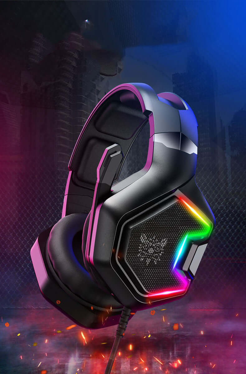 Stylish wired gaming headset with RGB lighting and comfortable ear padding for immersive audio experience.