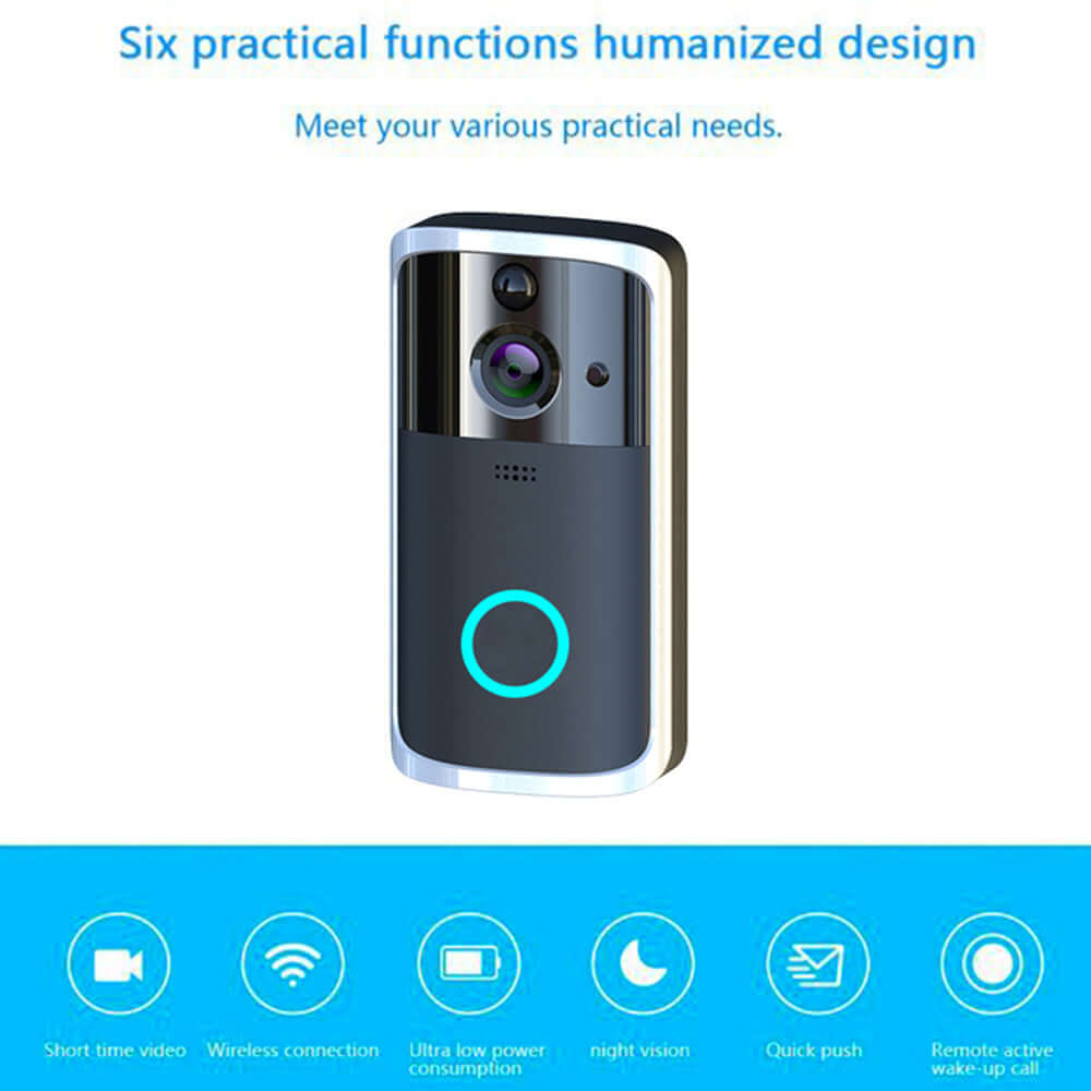 WiFi video doorbell camera with HD night vision, two-way intercom, and wireless connection, designed for practical needs.