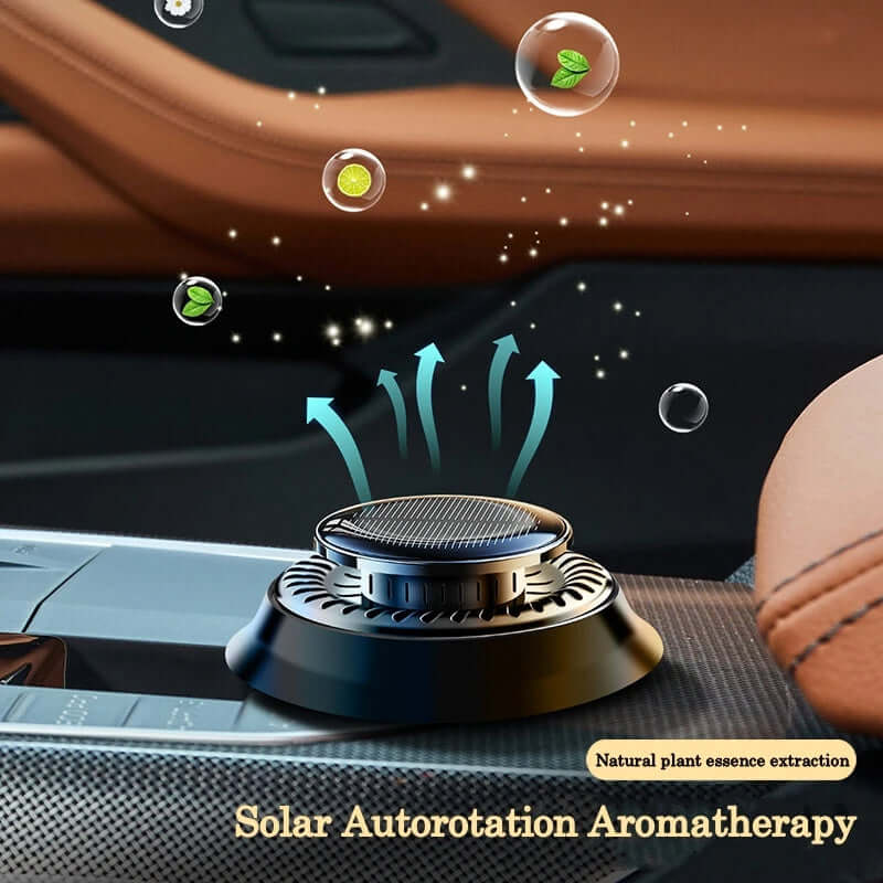Solar powered car air freshener with natural plant essence emitting aromatherapy bubbles in a vehicle interior.