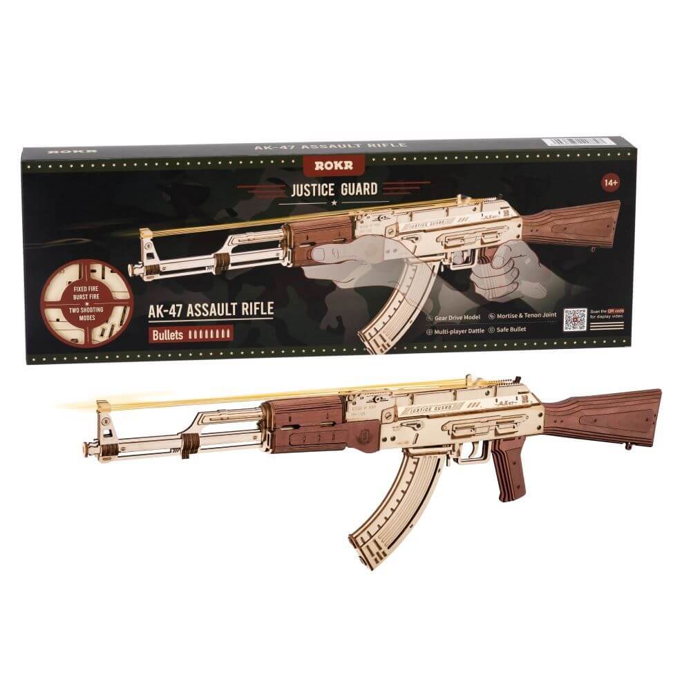 Robotime Rokr AK-47 replica wooden assembly gun with packaging, featuring dual firing modes for kids and adults.
