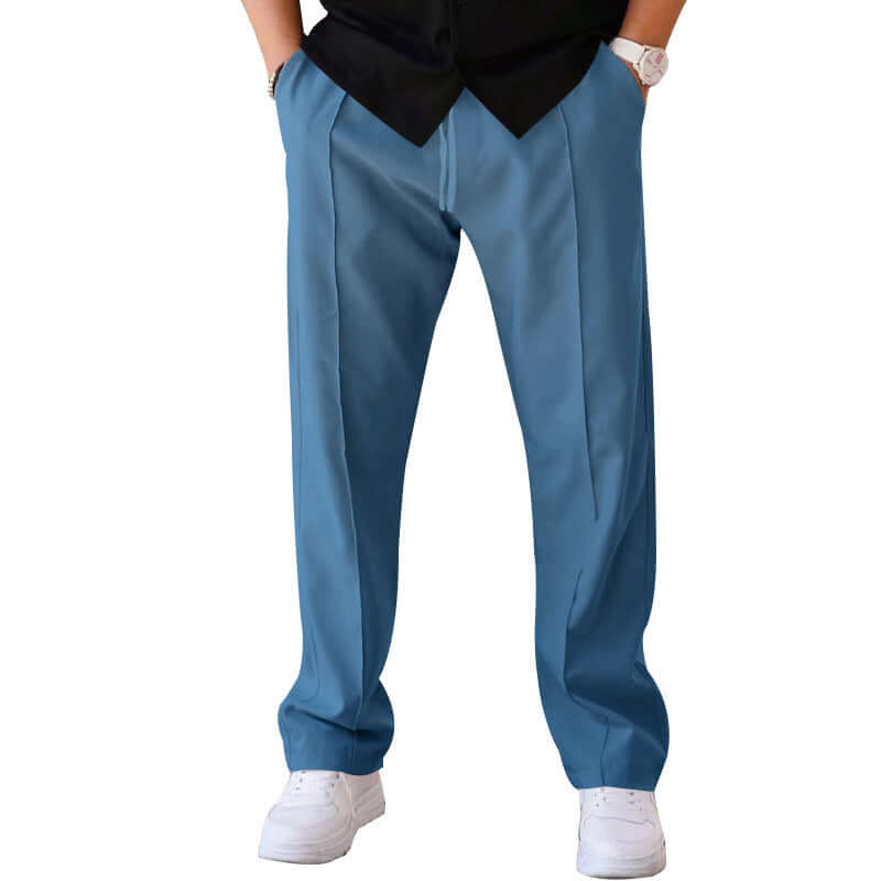 Men's casual loose straight trousers in blue with drawstring design, perfect for stylish comfort.