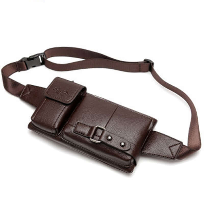 Men's waist bag with cell phone pockets, durable brown fabric, adjustable strap, perfect for iPad mini and mobile phones.