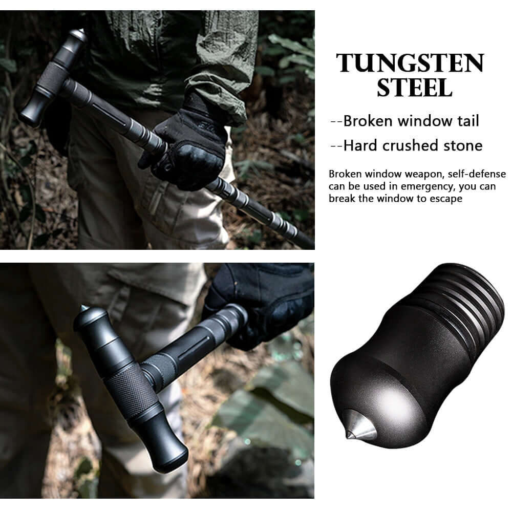 User holding multifunctional self-defense stick made of tungsten steel, ideal for emergency situations and outdoor safety.