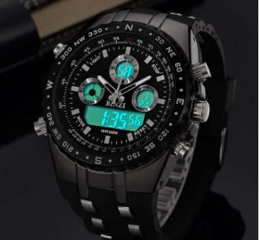 Black BINZI digital wristwatch with LED display, water resistance, and silicone band, ideal for sports.