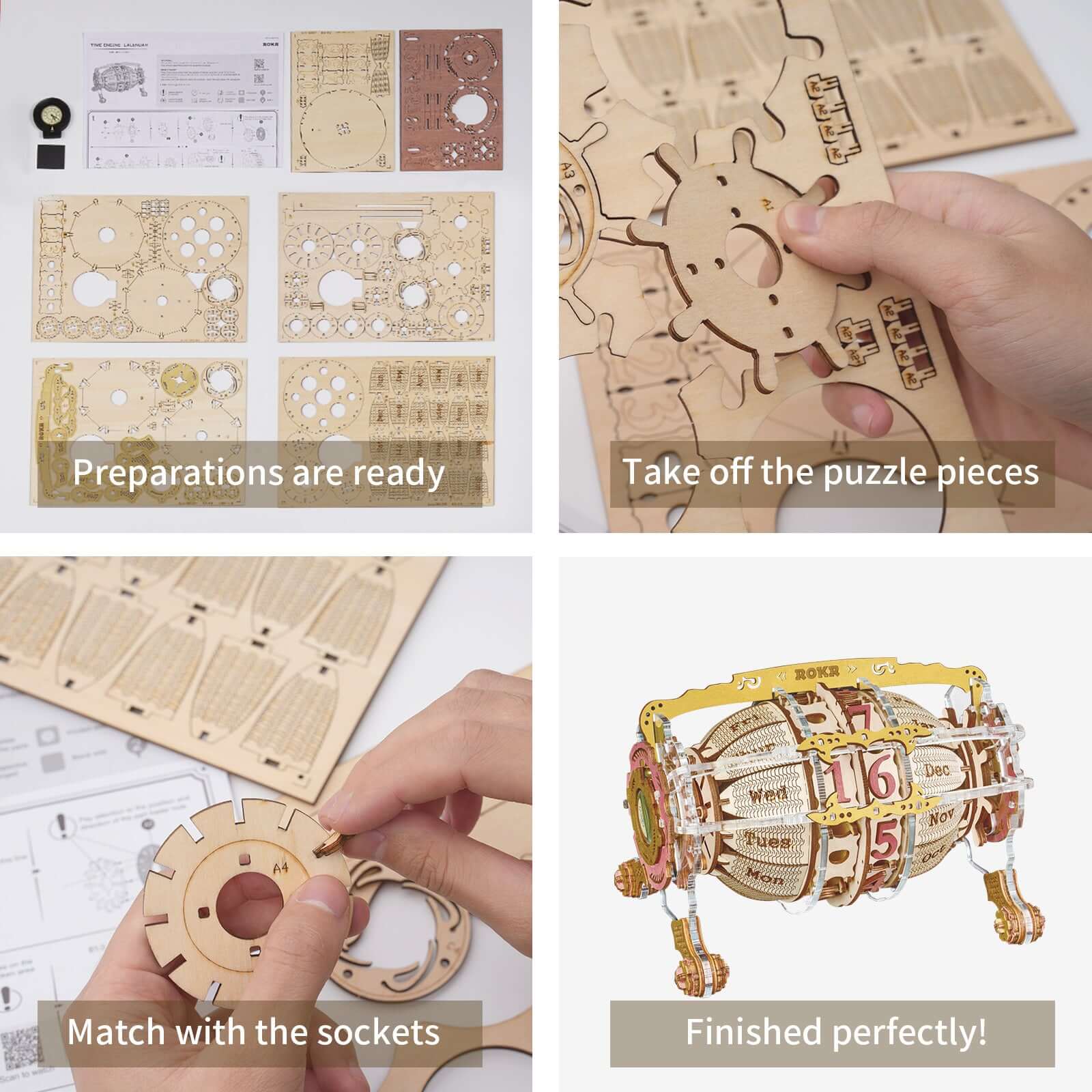 Step-by-step assembly guide for the Robotime ROKR Zodiac Wall Clock wooden puzzle model.