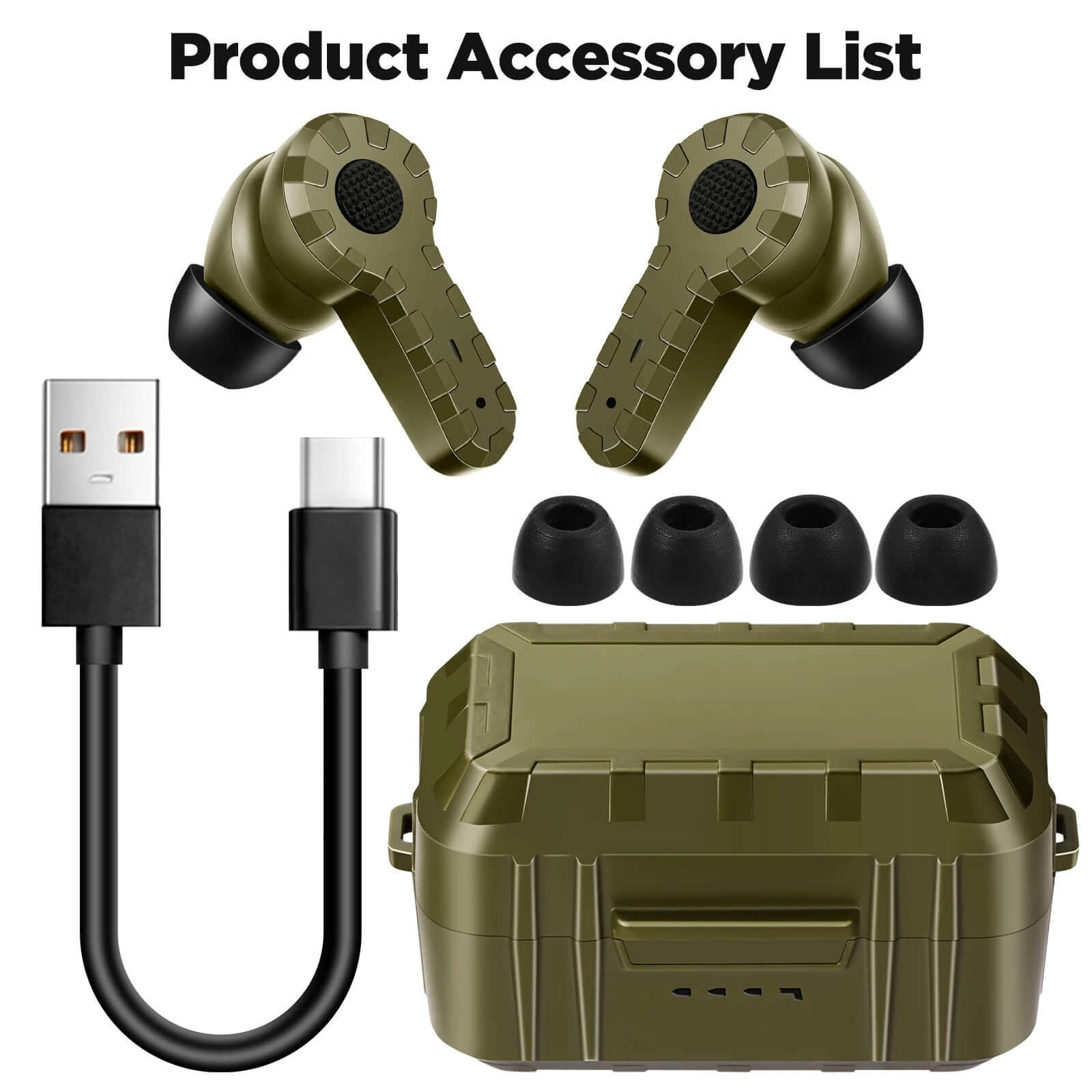Tactical noise reduction headset in green with charging case and earbud accessories for shooting and hearing protection.