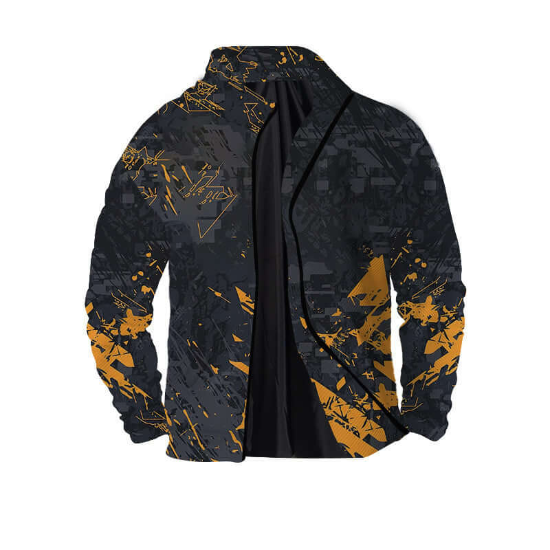 Men's Twill 3D Zipper Jacket in black and orange abstract print, perfect for teenagers, loose fit, lightweight polyester.