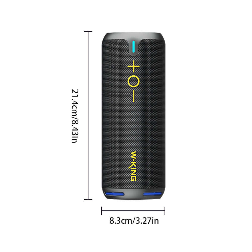Wireless Bluetooth speaker with dust-proof, waterproof design, and long battery life, dimensions 83x214mm, portable stylish look.
