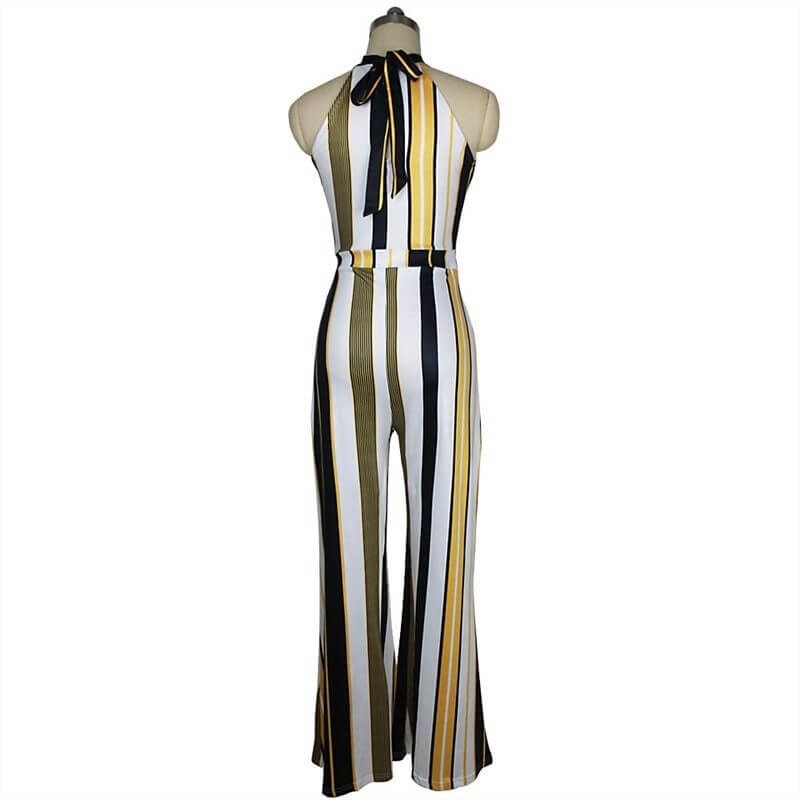 Back view of a stylish striped summer romper for women, perfect for casual or office wear with a halter neckline.