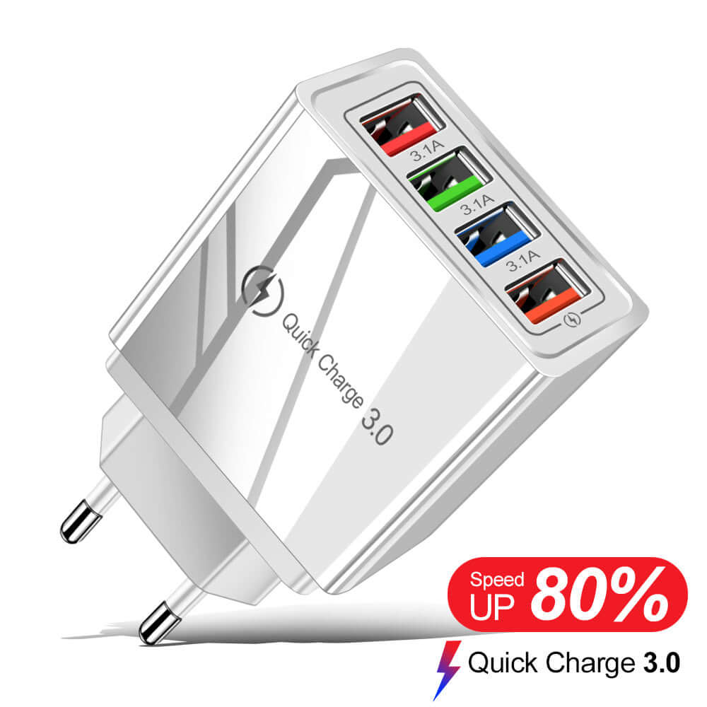USB charger with 4 ports, Quick Charge 3.0, fast charging up to 80%, portable wall adapter for home and travel.