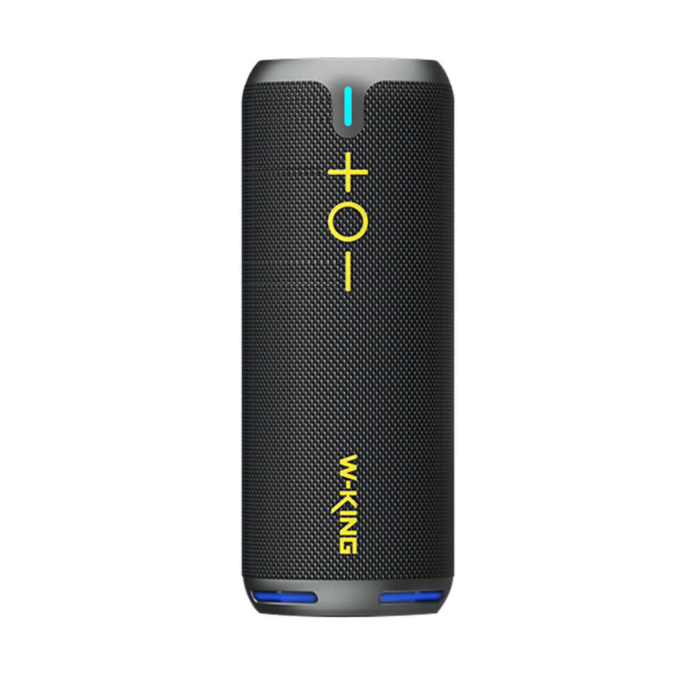 Wireless Bluetooth speaker, dust-proof and waterproof, portable design, long battery life, sleek black finish.