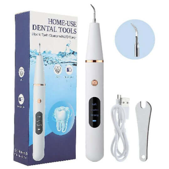 Home-use electric dental cleaning tool with LED light, USB cable, and ergonomic design for effective cleaning.
