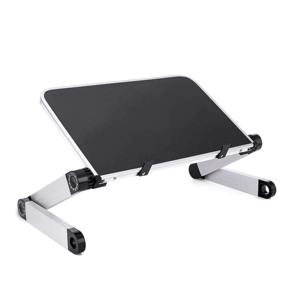Foldable ergonomic laptop stand with adjustable height and angle, perfect for comfortable desk use in bed or sofa.