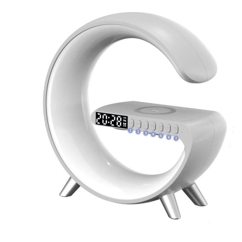 Intelligent G Shaped LED lamp with wireless charger and Bluetooth speaker, ideal for bedroom home decor.