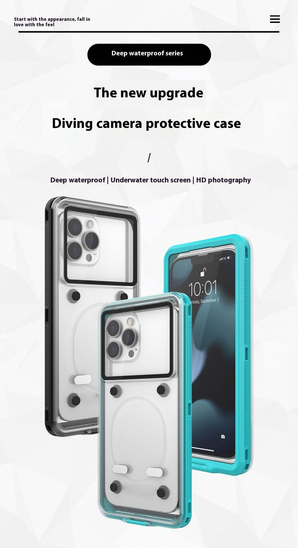 Black and teal diving camera protective case designed for waterproof use and HD photography.