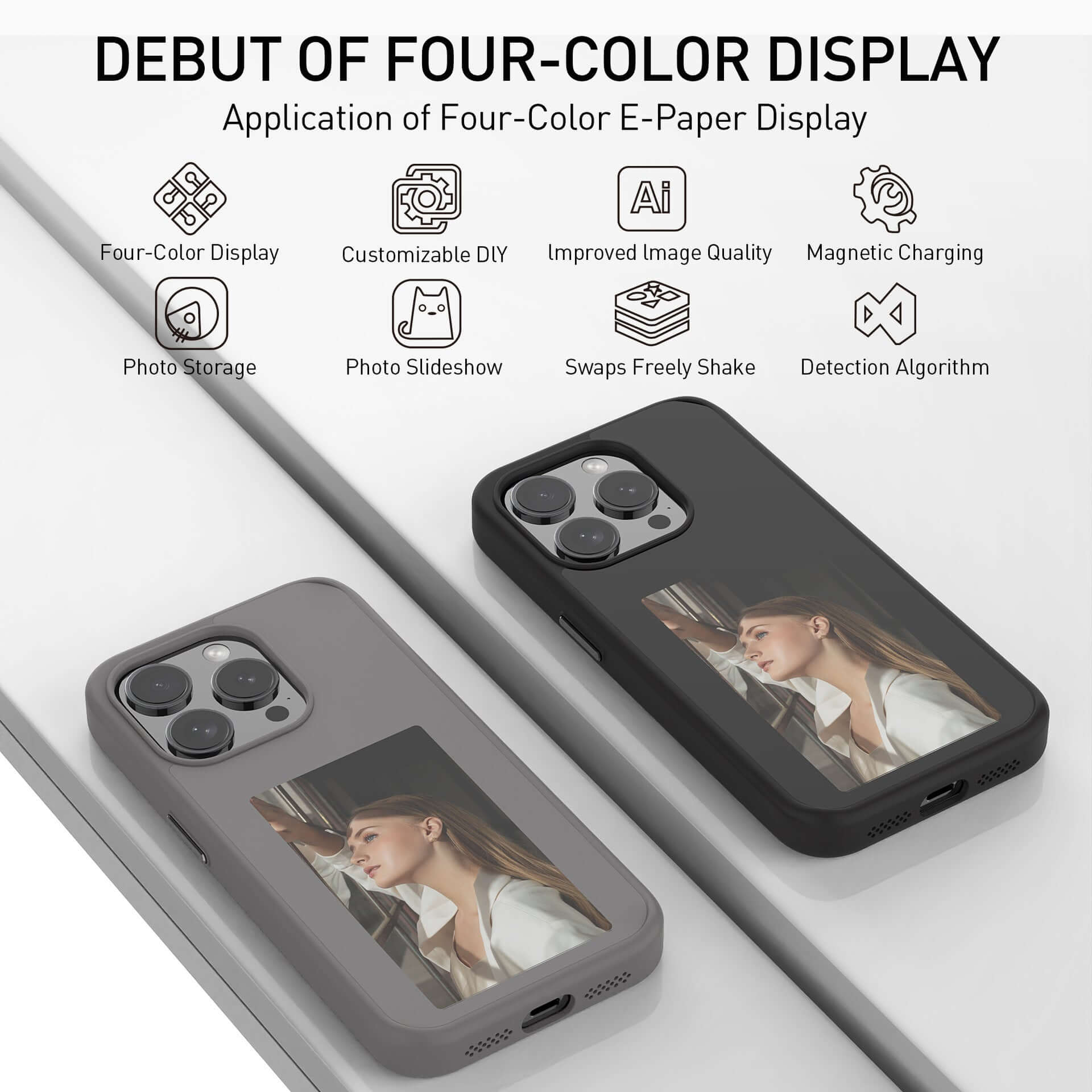 Showcasing two phone cases with four-color e-paper display features, customizable DIY options, and magnetic charging.
